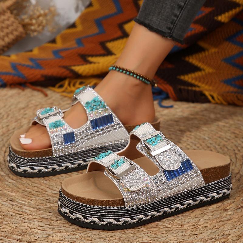 Hot-selling muffin thick-bottomed cool slippers women's summer new belt buckle rhinestone slippers