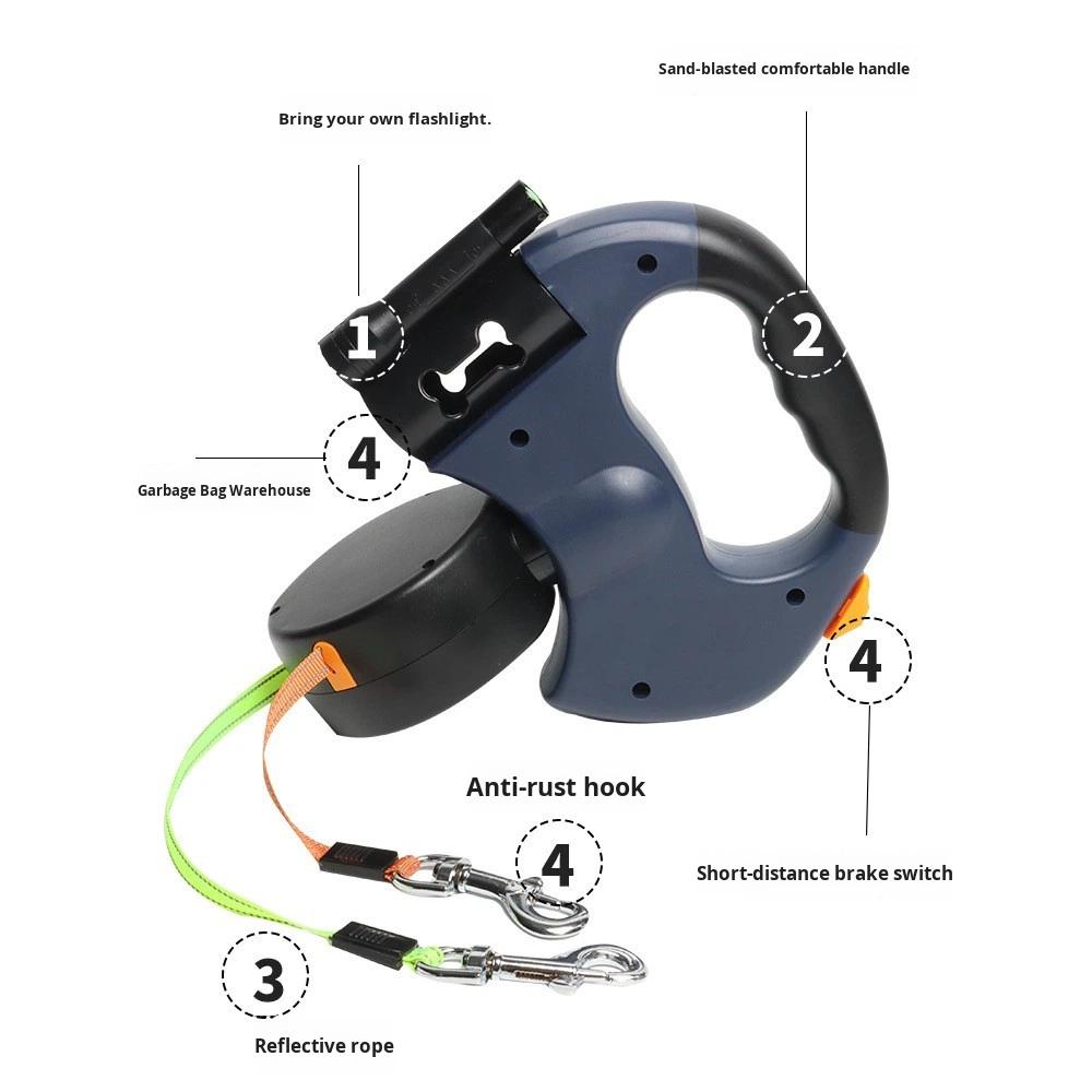 Two Dog Reflective Retractable Traction Pet Leash 360 Degree Anti-tangle Auto Dual Padded LED Light Durable Dog Walking Leash