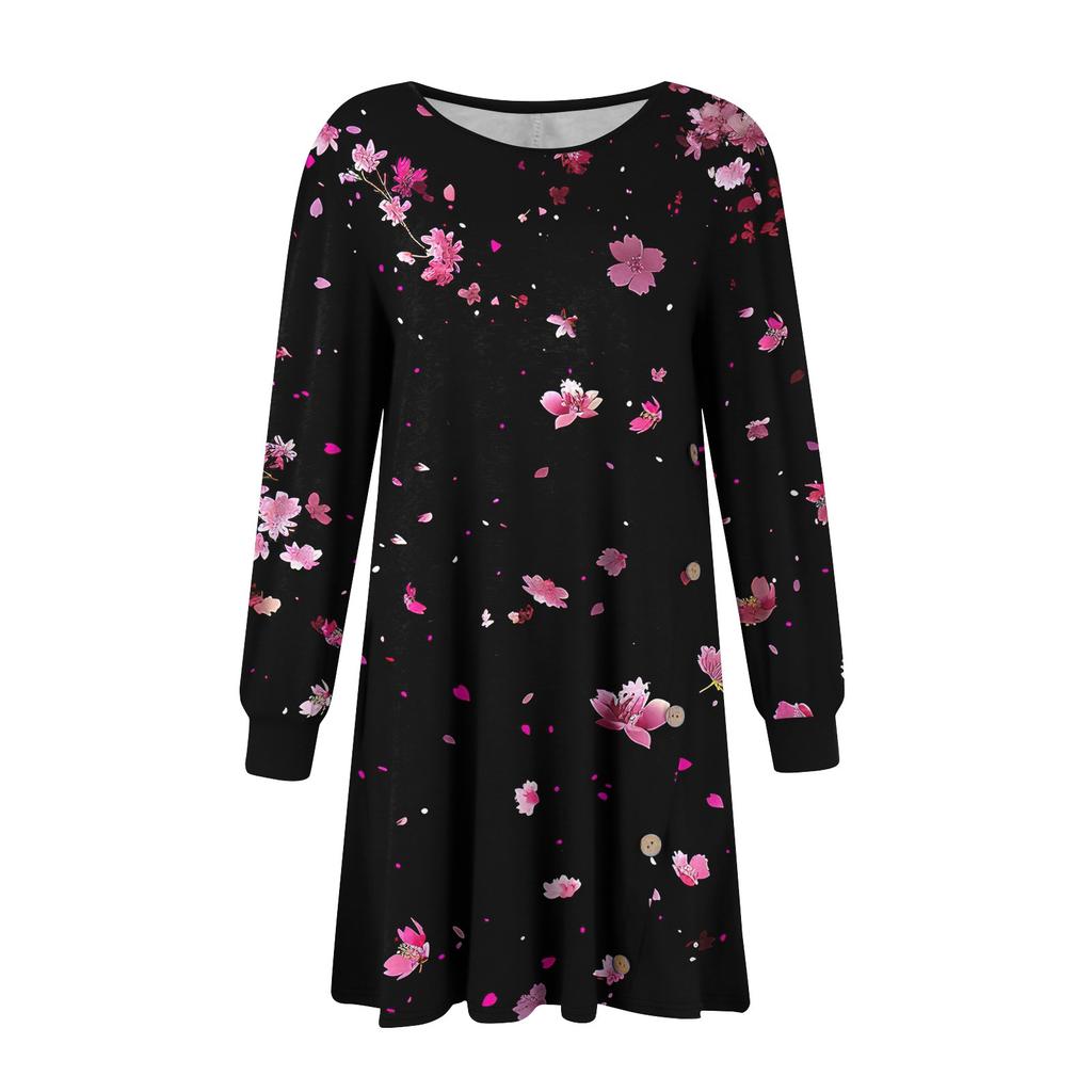 Damen Langarm A-Linien-Kleid Lässiger Pullover Mit Knopf Lockere Passform Kleid Mit Taschen