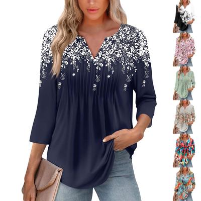 Tricou cu mâneci șapte sferturi, cu decolteu în V, pliat, la modă, pentru femei