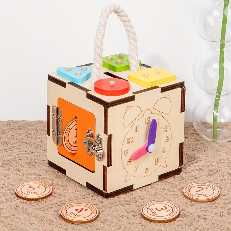 6 Sided Multifunctional Busy Box Recycled Wood Educational Toy for Youngsters 3+ Years, Hand Eye Coordination,Shape/Color Recognition Training