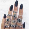 Vintage Black Gemstone Set Nine-piece Ring, Geometric Snake Crown Leaf Ring Set