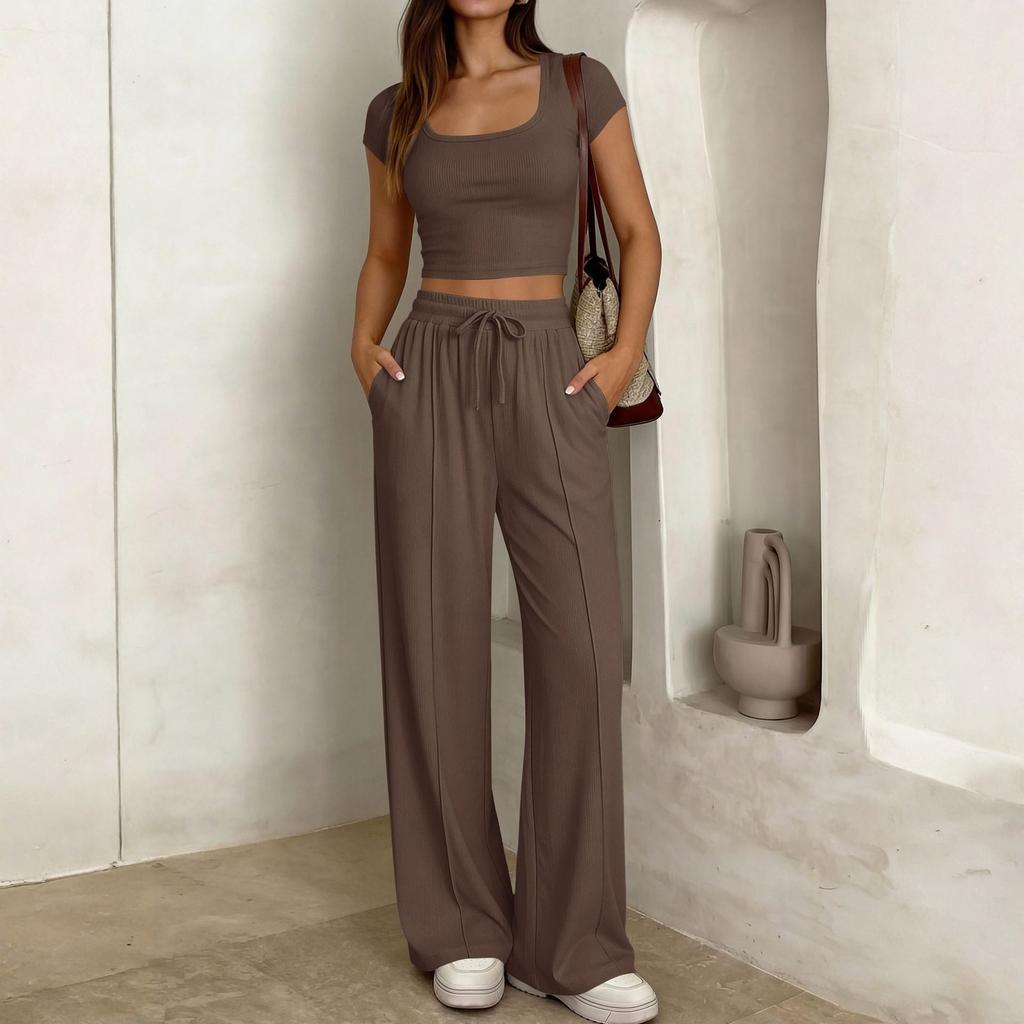 Ladies' Casual Slim Fit Two-piece Set With Short Sleeves And Long Pants