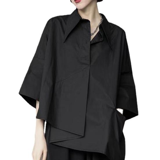 

Четверть большого размера с карманами и рукавами, украшение, рубашка с нерегулярным краем, однобортная, три однотонных, свободные, с лацканами, летняя рубашка XL чёрный