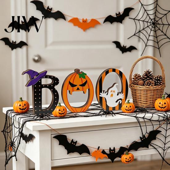 Halloween Tiered Tray Decor Wooden BOO Ornaments for Tabletop Decor, Boo Letter Wood Signs Creative Decorations Festive Holiday Home Party Solid
