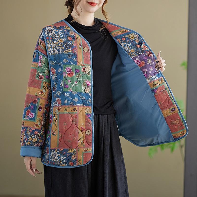 Autumn Spring Winter Cotton Padded Oversized Vintage Floral Outerwears Women Casual Loose Jacket Coat