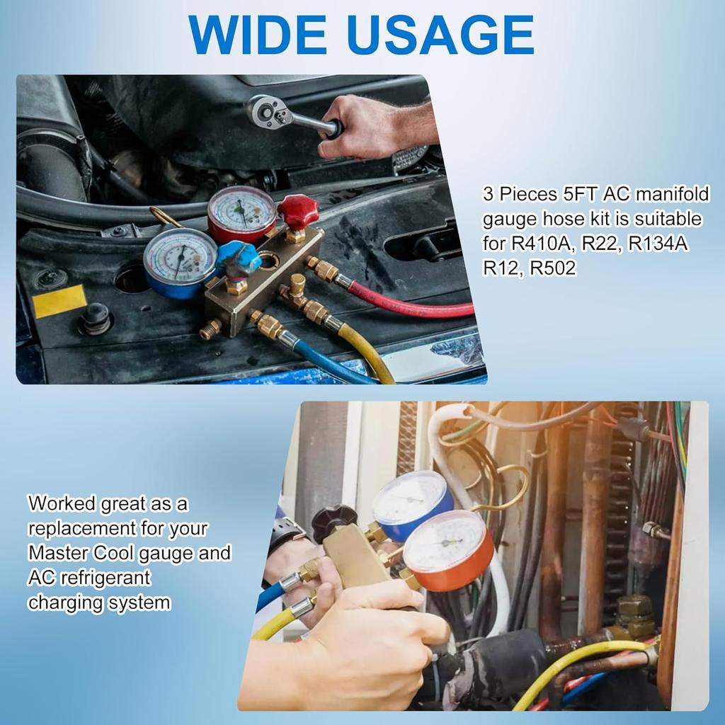 3 Pieces AC Manifold Gauge Hose Kit, R410A Refrigerant Charging Hoses 1/4 SAE, 5FT AC Manifold Gauge Hose Kit For R134A R410A R22 R404A, A/C Charging