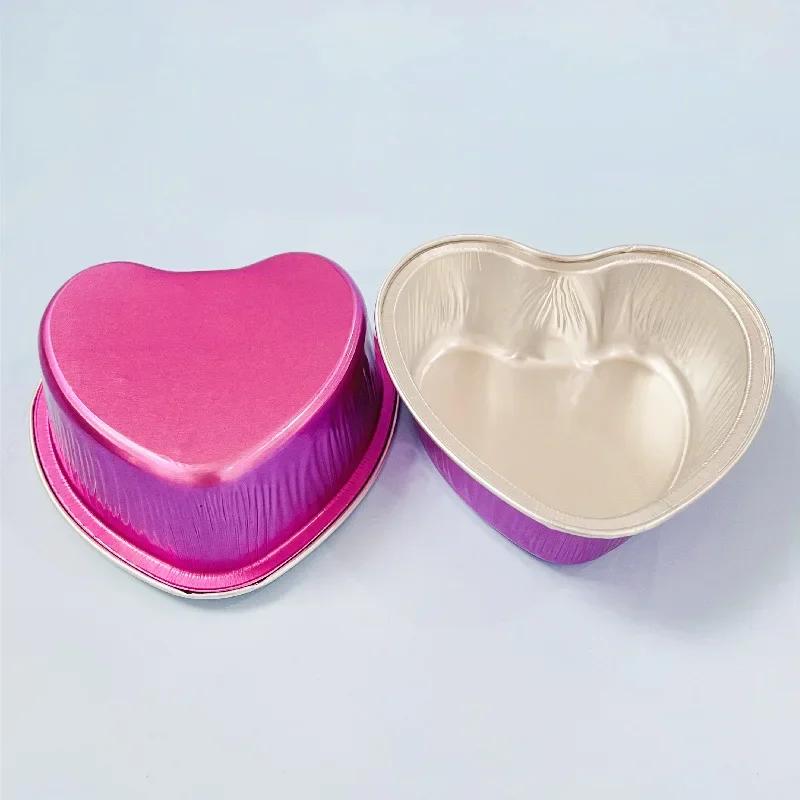 Disposable Heart Shaped Cake Pan Colorful Aluminum Foil Baking Mold Cupcak Pudding Cups with Plastic Dome Lid Heart