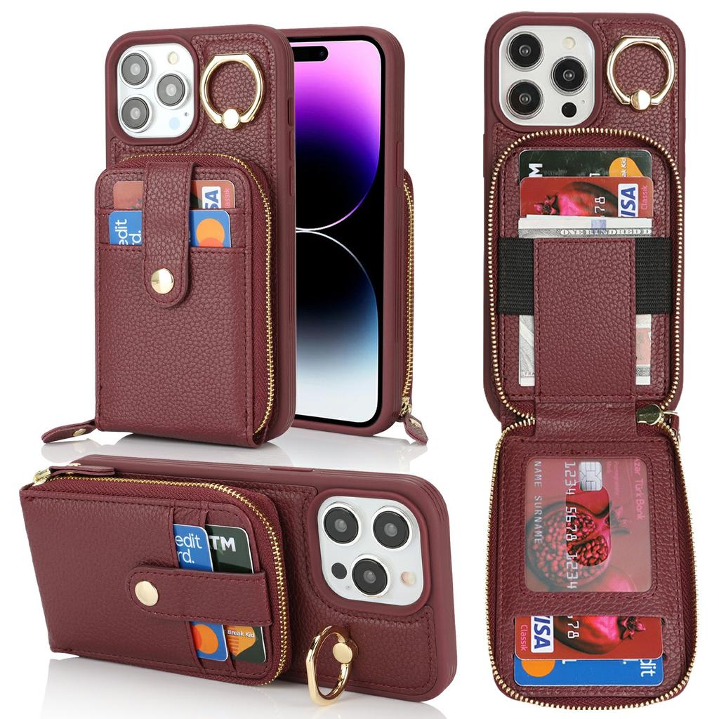 For iPhone 14 Pro Max Case with Zipper Pouch/Ring Kickstand/Strap Litchi Texture PU + TPU Phone Cover