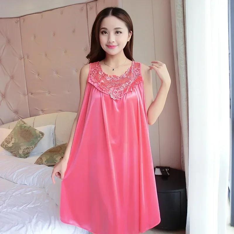 Summer Imitation Silk Nightgowns Women Sexy Sleepwear Nightwear Female Spaghetti Strap Underwear Lace Breathable Homewear