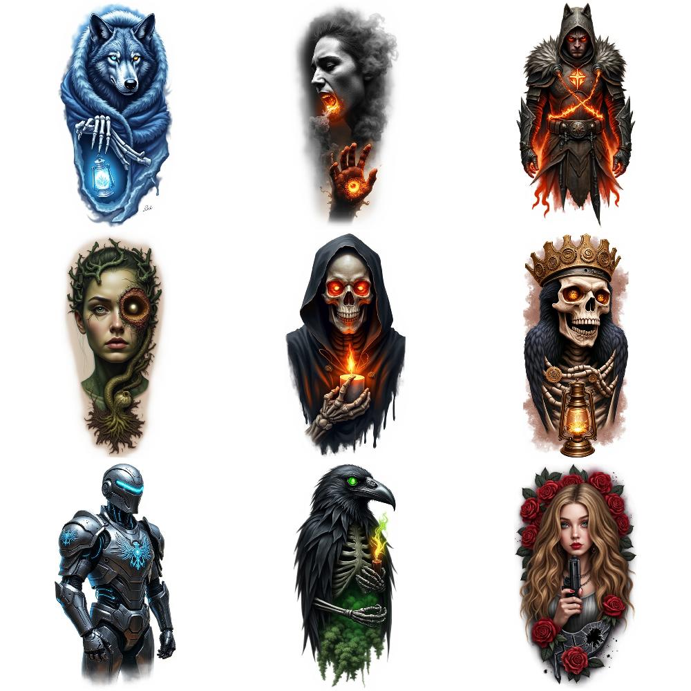 9pcs Temporary Tattoo Colorful Realism Robotic Suit Skull Sticker Pharaoh Mask For Shoulders Back Male