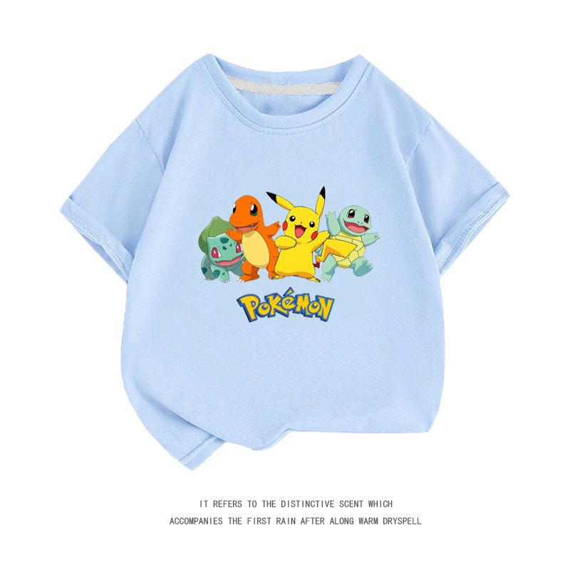 Summer New PokémonPikachu Shortsleeved Tshirt for Boys and Girls Middlesized and Largesized Cartoon Casual Top Trendy Design