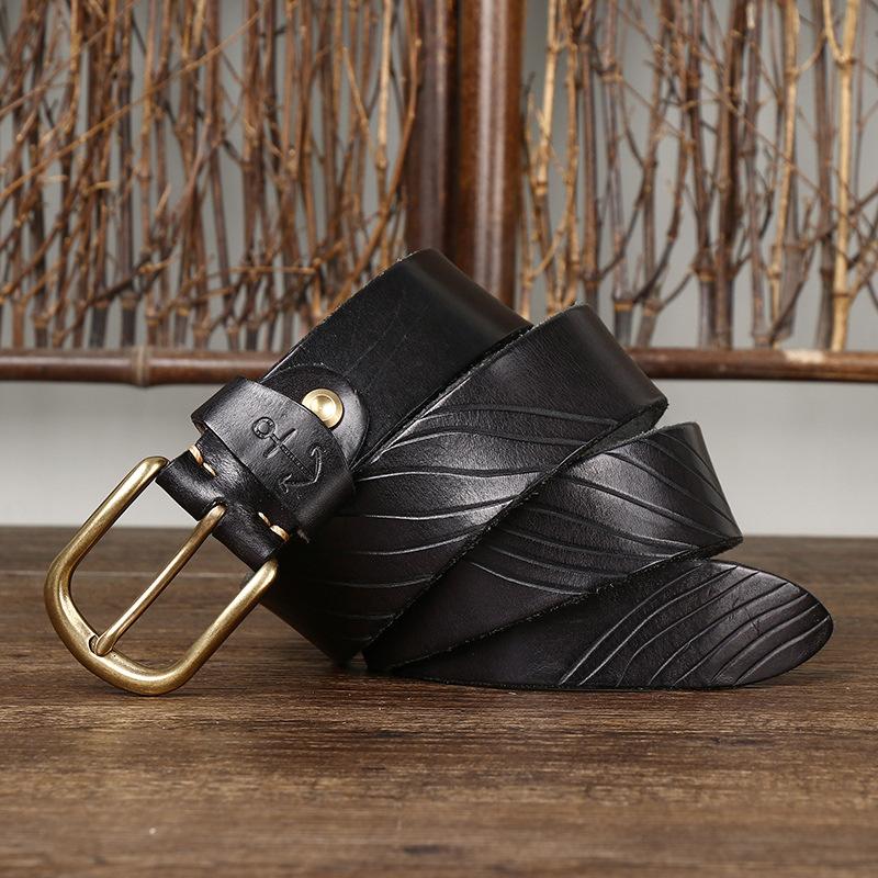 Hand-Carved Trendy Personalized Retro Belt Men'S Genuine Leather Pure Cowhide Casual Versatile Copper Buckle Jeans Belt