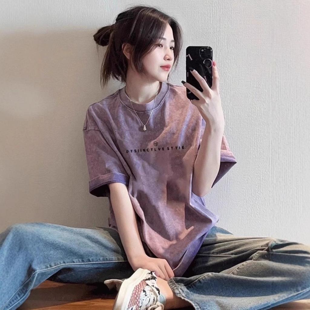 Damen T-Shirt mit kurzen Ärmeln, Rundhalsausschnitt, Hip-Hop-Stil, Bedrucktes Oberteil, Vintage-gewaschene Baumwolle, Lässiges T-Shirt