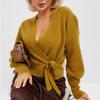 Dames Ensfarget Casual Kort Strikkegenser Dyp V-hals Langermet Høy midje Slim Kort Topp Mote Pustende Myk Komfortabel Pullover Strikket Topp