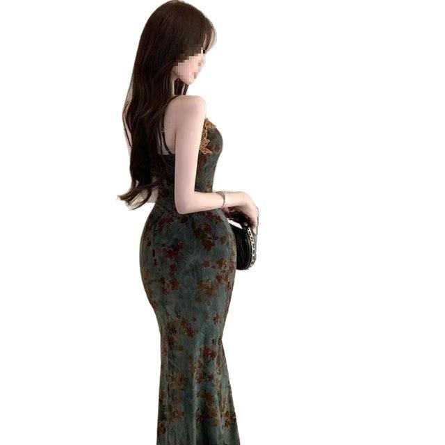 French elegant sleeveless floral dress, sexy Spice Girl slim-fitting waist and thin long dress, high-end temperament long dress
