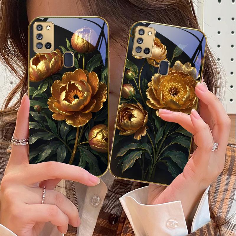 Prosperous Golden Peony For Samsung A 31 32 A33 A34 35 14 A15 13 16 25 26 50 52 53 54 55 56 70 71 72 73 Golden glass phone case