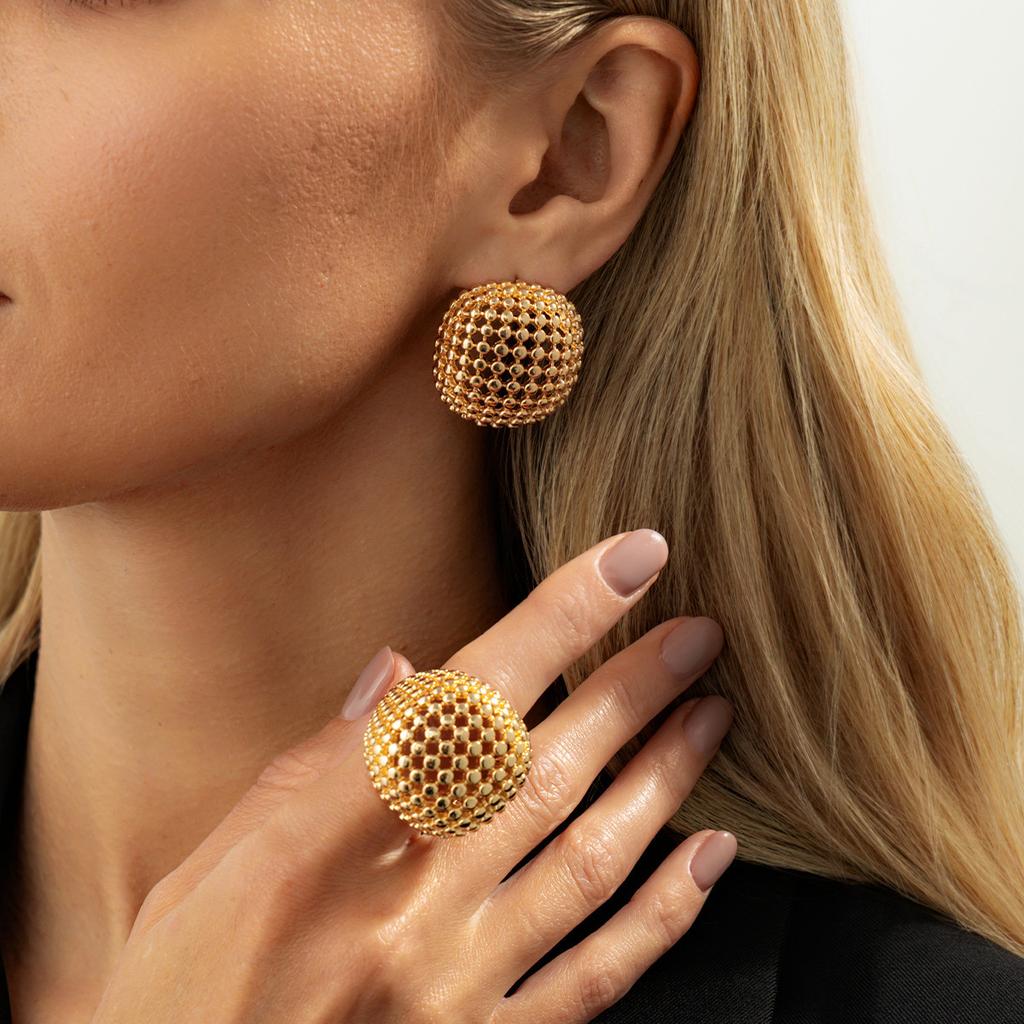 Eleganti Orecchini Rotondi Geometrici Vuoti in Metallo Intrecciato Stile Retrò con Anello Diviso