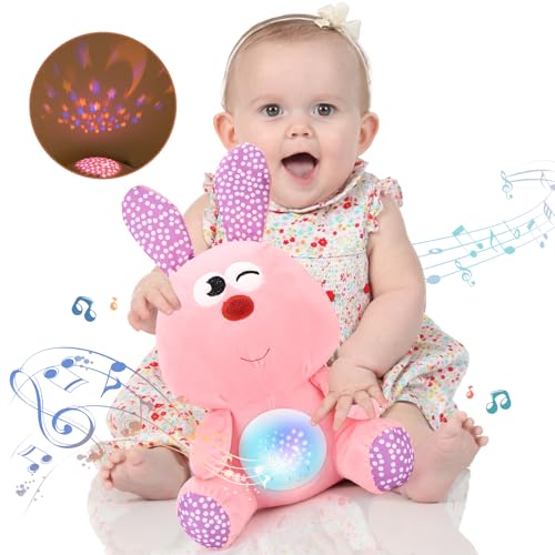 REMOKING Baby Toy with Music, Projector Light, Plush Rabbit, Gentle Sound, Rotating Light, Baby Gift for Newborns, Boys and Girls (White)