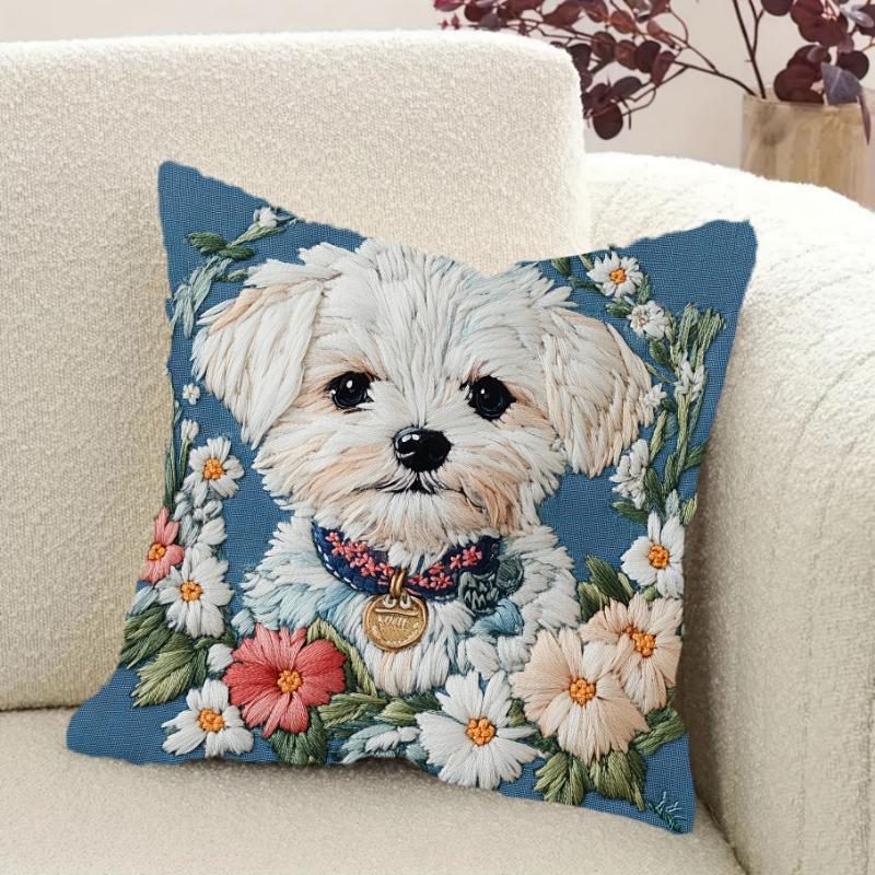Floral Maltese Puppy Cushion Covers Chair Living Room Pillowcase Cozy Zipper Sofa Pillow Covers Animal Bedroom Indoor Home Decor
