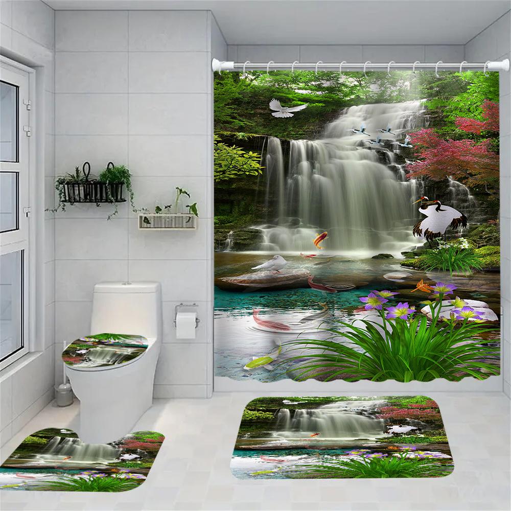 

1/4 Forest Waterfalls Shower Curtains, Toilet Seat Decoration, Shower Curtain With Carpet And Toilet Lid, 12 70.8X70.8 Inch Hook W60H190(CM)-1 Pcs