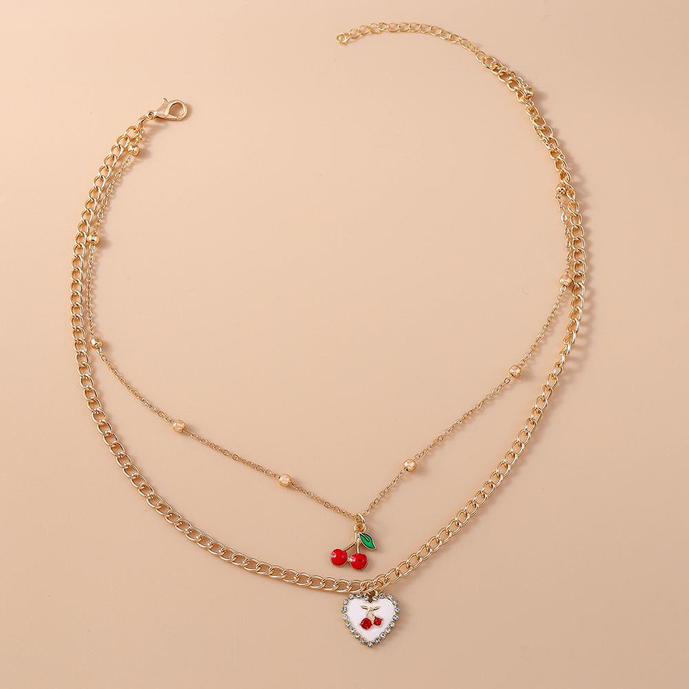 Cute Multi Layer Lover Heart Necklaces for Women Girls Cherry Pendant Necklace Chain Party Holiday Jewelry Gift