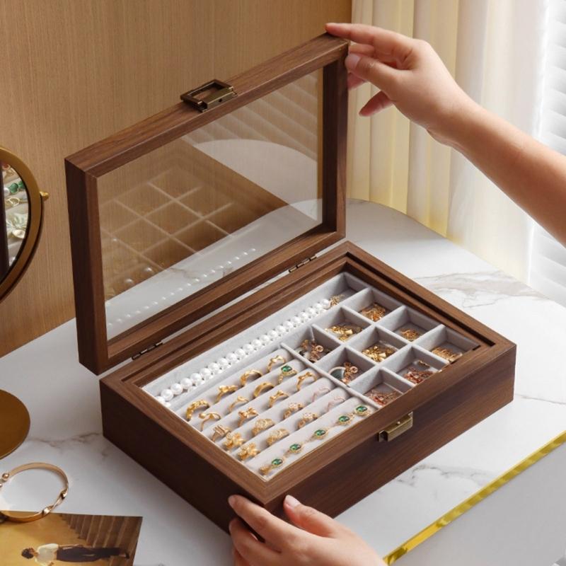 Walnut Wood Jewelry Organizer Box Moisture Proof Jewellery Holder Accessory Storage Container with Multiple Compartments