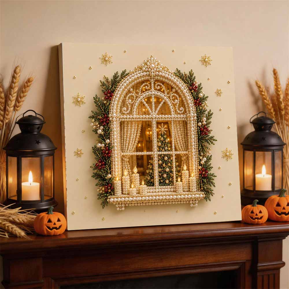 Framed Pearl Bead Art Set with Christmas Window Pattern DIY Sparkling Canvas Painting Relaxing Hobby Gift for Meditation Room Decoration