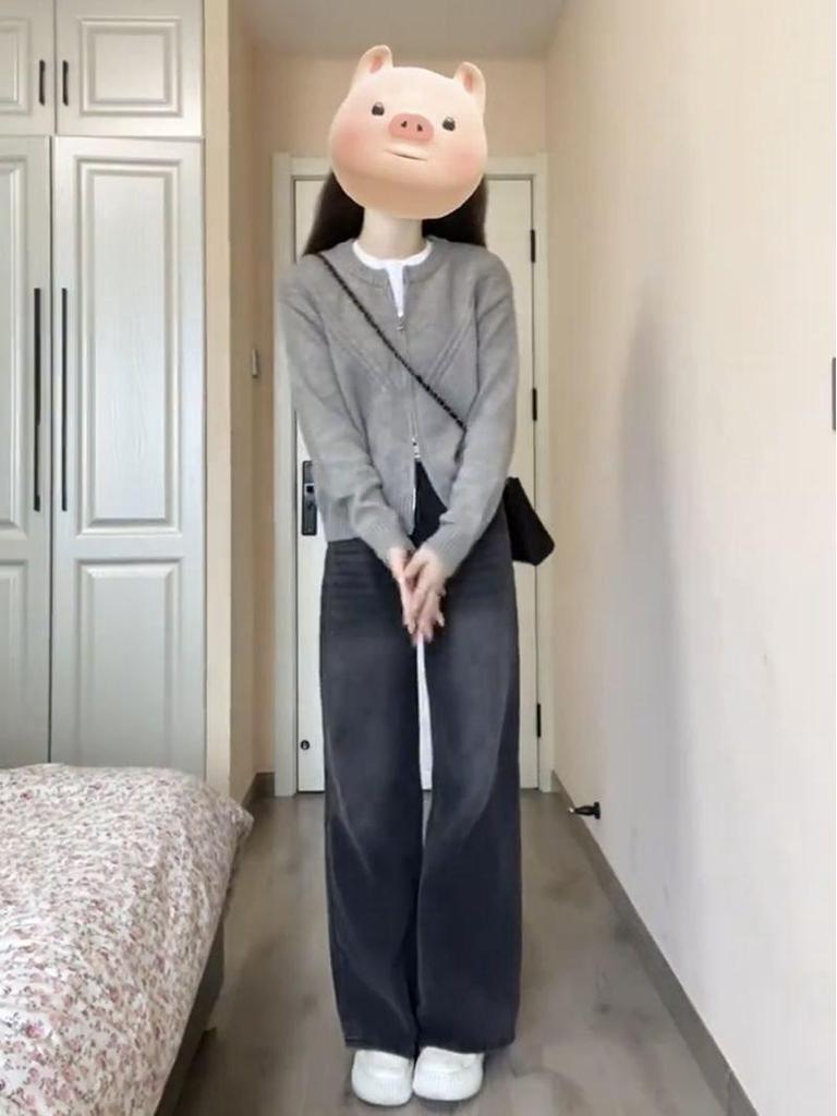 Retro Distressed High Waist Wide-Leg Jeans for Women - Spring/Summer, Loose Fit, Floor-Length, Black/Grey, Straight-Leg Trousers