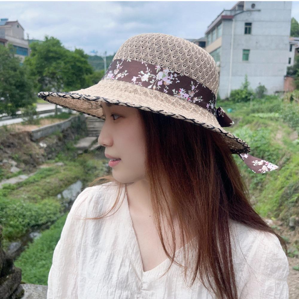 Foldable Big Brim Straw Bucket Hat Breathable UV Protection Summer Hat Spring Summer Beach Outing Sun Hat Women's