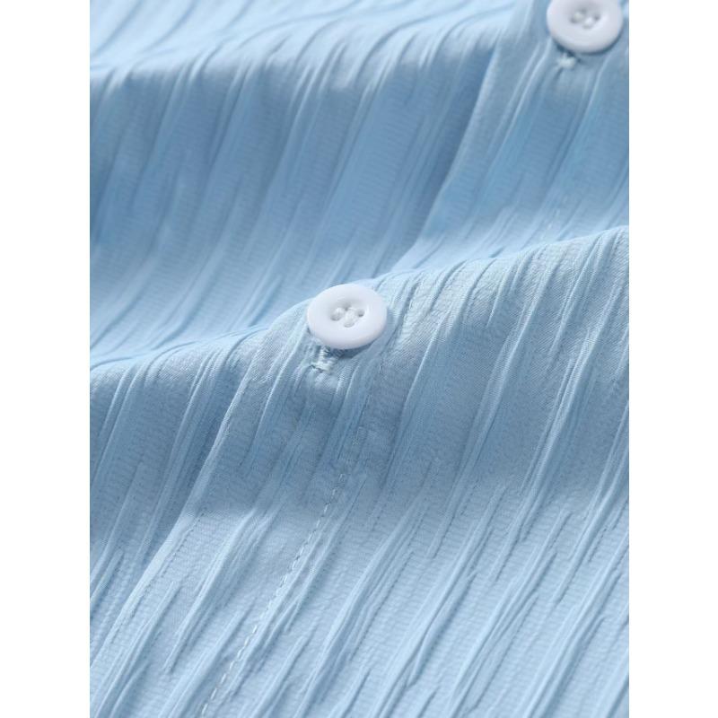 Summer Polo-neck Solid Color Casual Fashion Folds Shirt Male Short Sleeve Single Breasted Cardigan Top Men