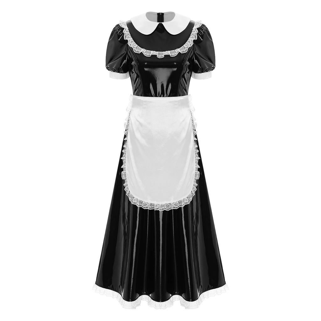 Women French Maid Dress Satin Lapel Collar Lace Trim Short Sleeve Wet Look PU Maxi Apron Costume