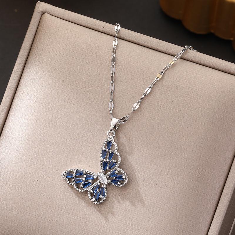 Korean Butterfly Tassel Luxury Diamond Titanium Steel Necklace - Women's Versatile Clavicle Jewelry