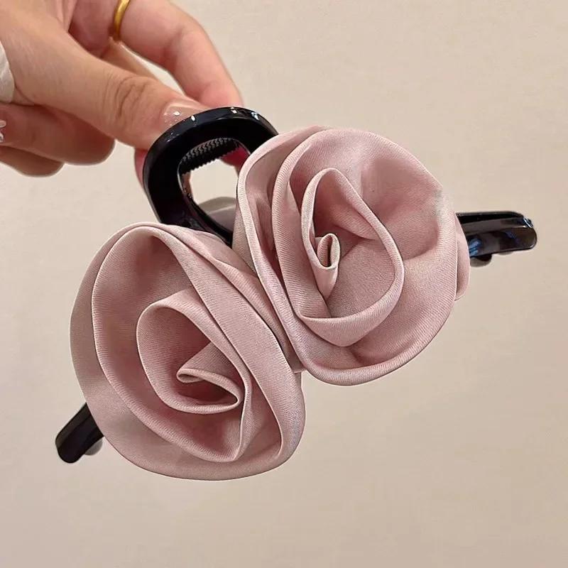 French Big Double Rose Flower Hair Claw Clips for Women Girls Vintage Satin Solid Fabric Handmade Shark Hairgrip Accessories New