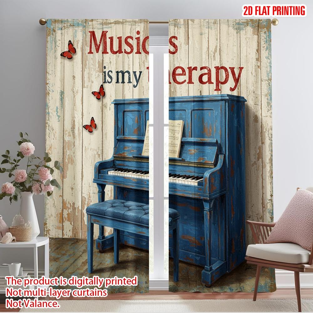 

2pcs 2D flat printing Curtains Blue Piano Butterflies Therapy 100% Polyester Without Electricity Festive Wall Decor Perfect for 52.50×116.00 CM 2pcs