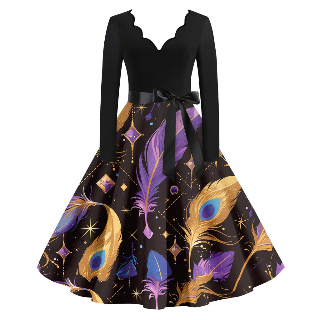 Women's Casual Fashion V Neck Long Sleeve Printed Vintage Long Dress