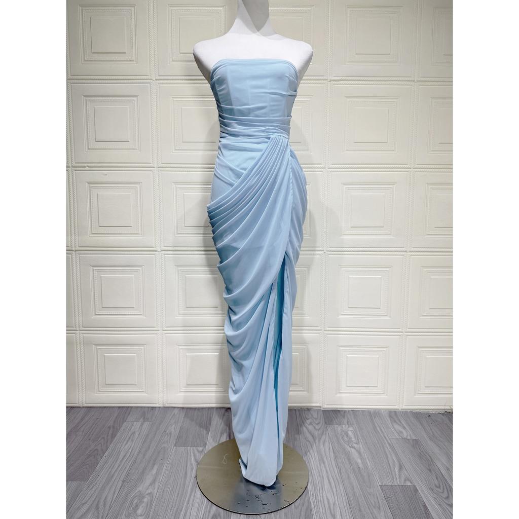 Damen Trägerloses Raffung Schlitz Maxikleid, Sexy Figurbetontes Abendparty Langes Kleid, Europäischer Amerikanischer Stil Formelles Cocktailkleid