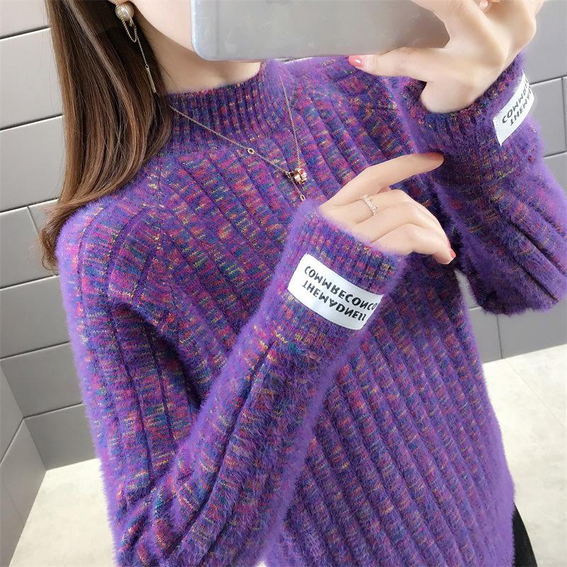 

Женские вязаные свитера Осенняя и зимняя свободная верхняя одежда Топы с полуворотом Толстые рубашки One size фиолетовый