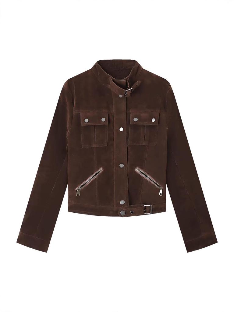 2025 Women's High-End Coffee Suede Jacket with Maillard Effect Slimming Design