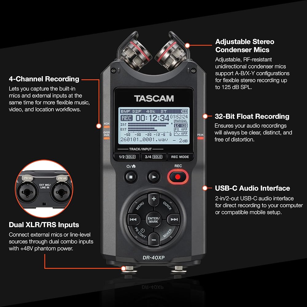 TASCAM DR-40XP 4 Channel 32 Bit Float Portable Handheld Field Recorder with USB-C Audio Interface...