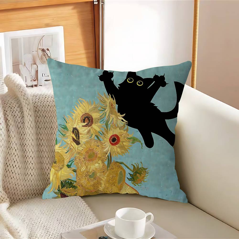 Svart Katt Kuddfodral Avtagbart Tvättbart Kuddöverdrag – Mjukt Linne för Alla Årstider