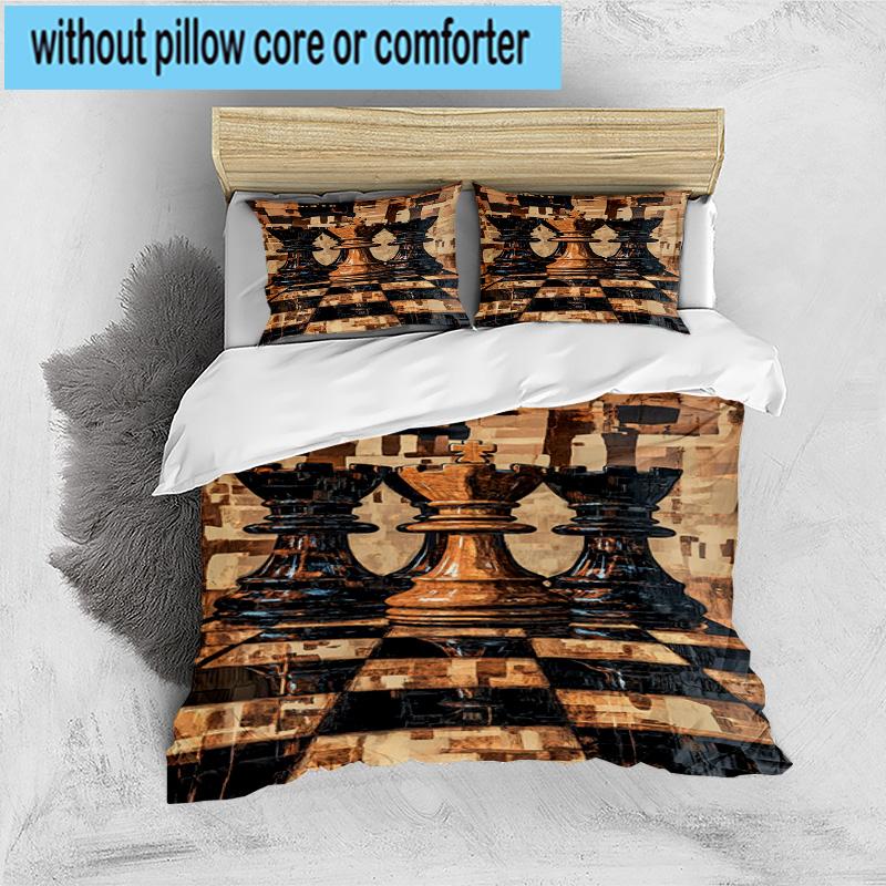 Golden Chess King On Black 3pcs Bedding,Including 1pc Duvet Cover And 2pcs Pillowcases Perfect for Christmas,Ideal for Bedroom, Dormitory