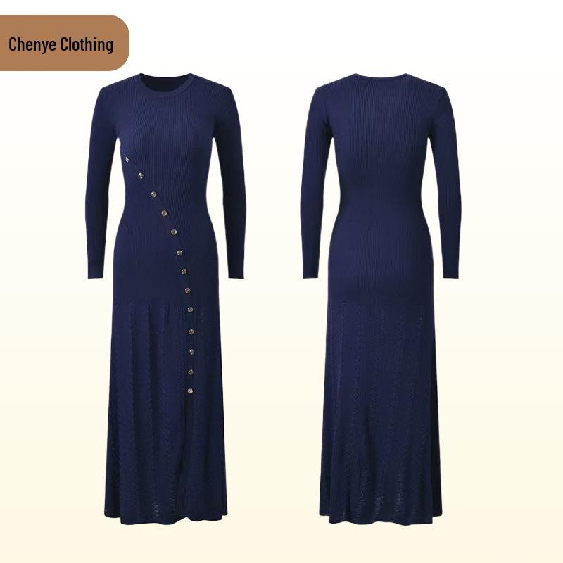 

Высококачественное дизайнерское женское трикотажное платье с длинным рукавом и боковым разрезом для осени/зимы 2025 Medium темно-синий