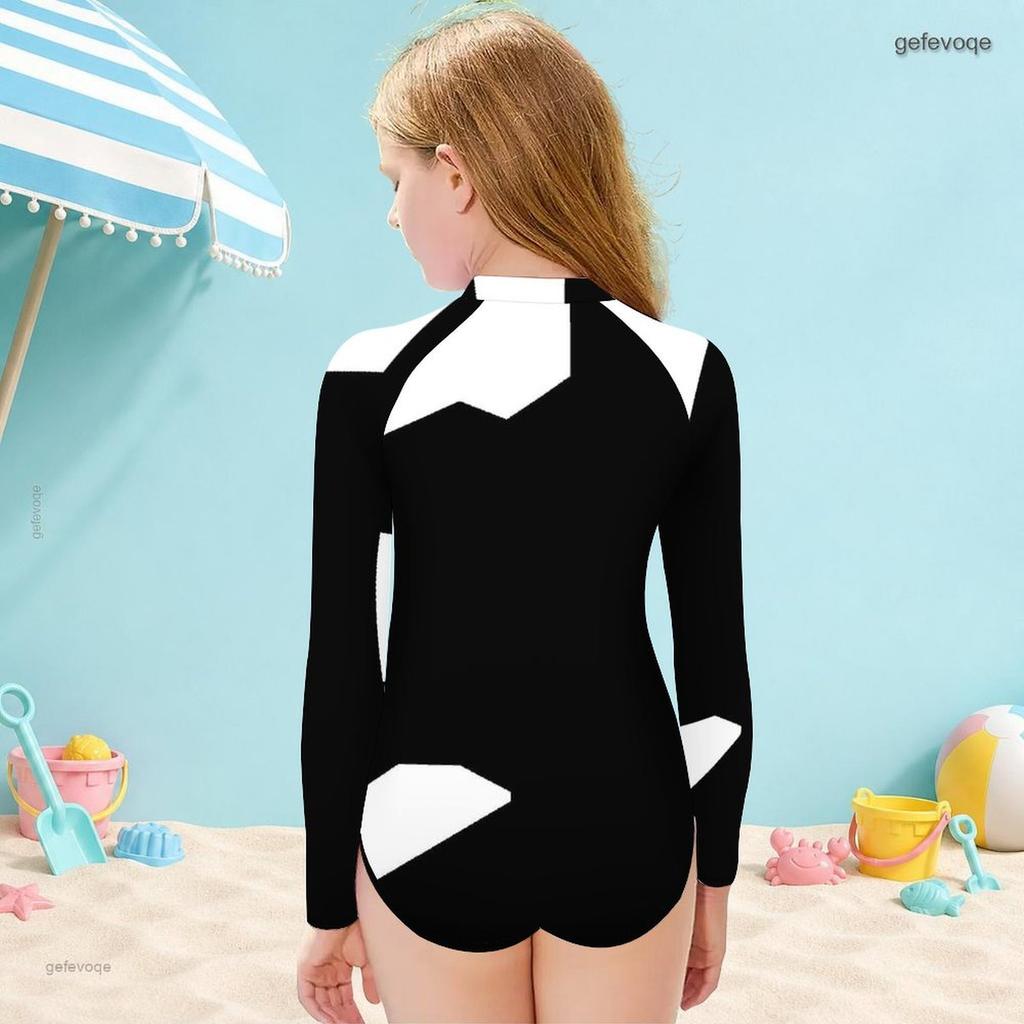 Girls High Neck Long Sleeve Front Zip One Piece Swimsuit Black White Geometric Printed