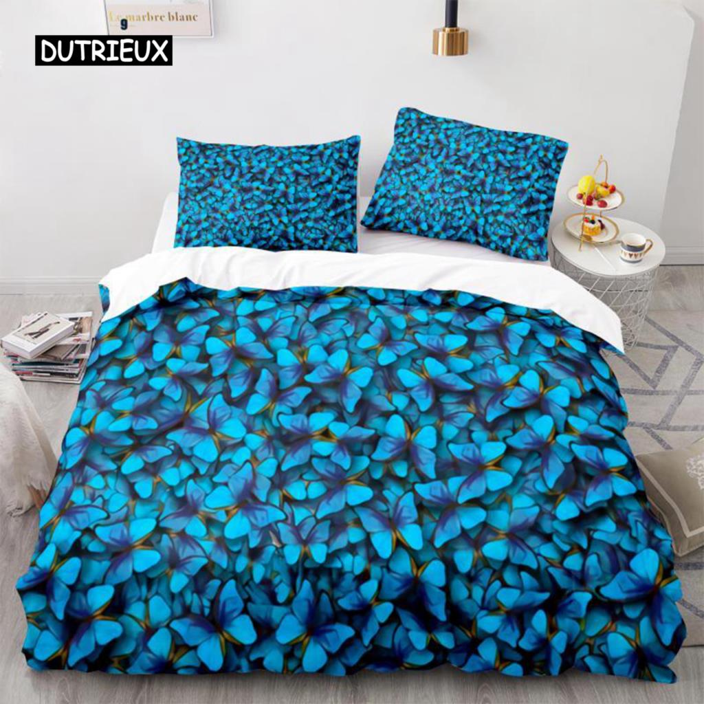 Butterfly Duvet Cover Set Blue Butterflies And Dragonfly Design White Twin Bedding Set For Kids Teen Girl Microfiber Quilt Cover