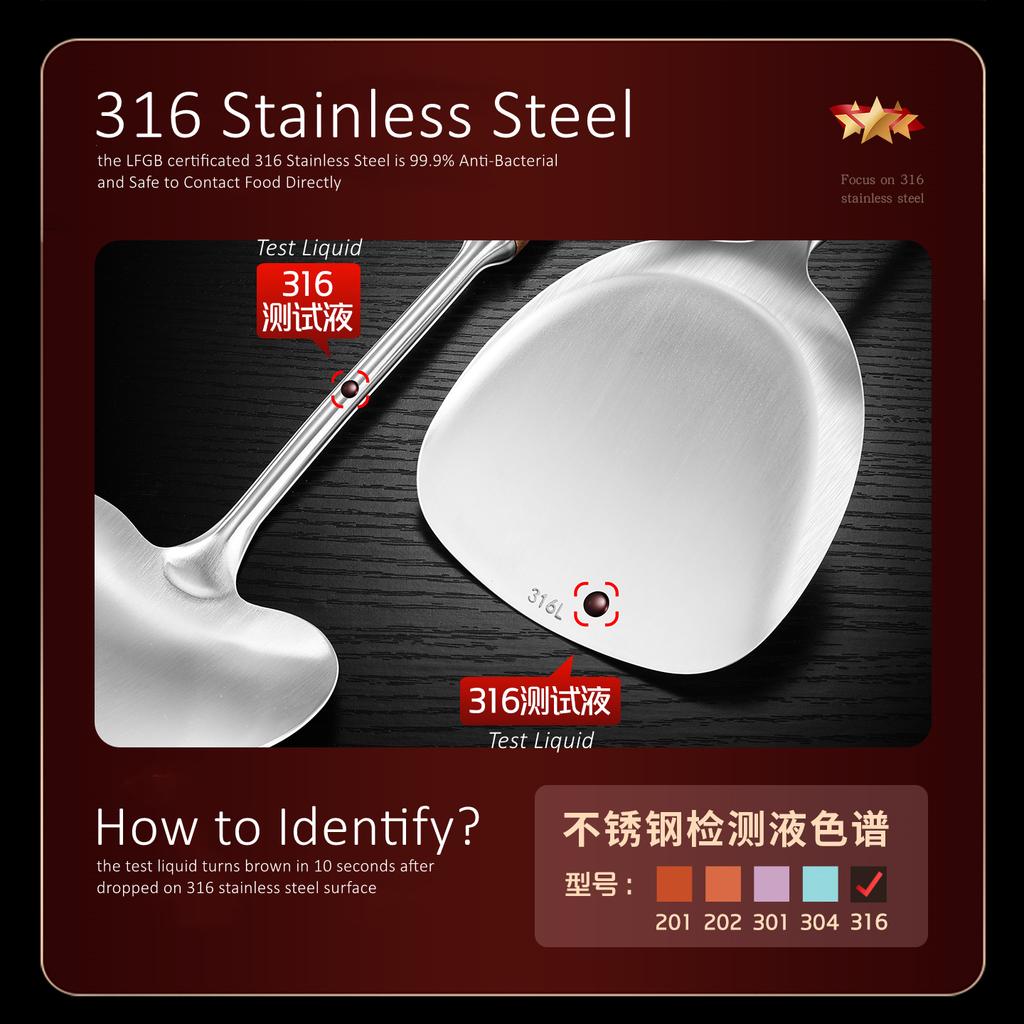 GEDO 99.9% Anti-bacterial LFGB Certification 316 Stainless Steel Cooking Spatula Spoon Colander Set Walnut Wood Kitchen Utensils
