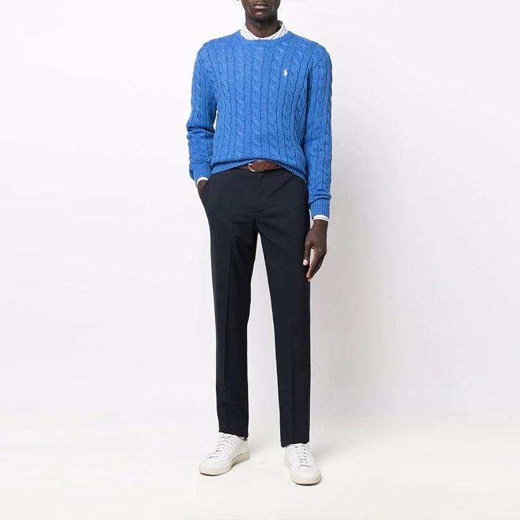 Polo Ralph Lauren FW22 Solid Color Small Pony Embroidered Cable Knit Crew Neck Long Sleeve Sweater Men sweater Blue 710775885-037