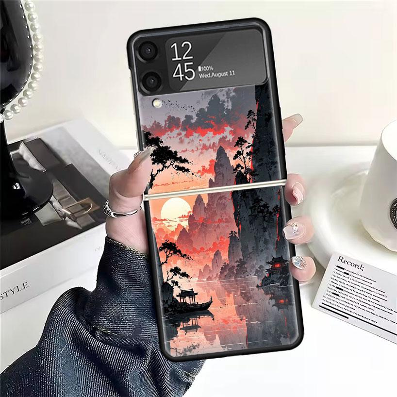 Chinese Style ink Painting Art Cases For Samsung Galaxy Z Flip 4 5 6 7 3 Z Flip7 Flip6 Flip4 Flip5 Flip3 5G Hard Shockproof Fund