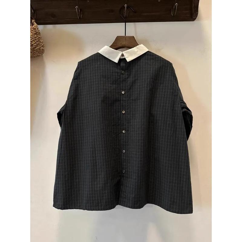 Camicetta a Quadri da Donna con Colletto Peter Pan a Contrasto Manica Corta a Sbuffo Top Casual Largo
