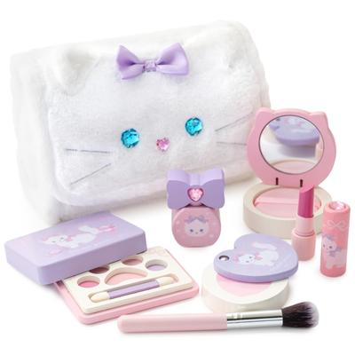 Mother Garden Pretend Play Non-Staining Makeup Pouch Set [Fluffy Cat] Wooden Makeup Set for Girls, Dresser, Gift for 3-Year-Old Girls, Toy Makeup